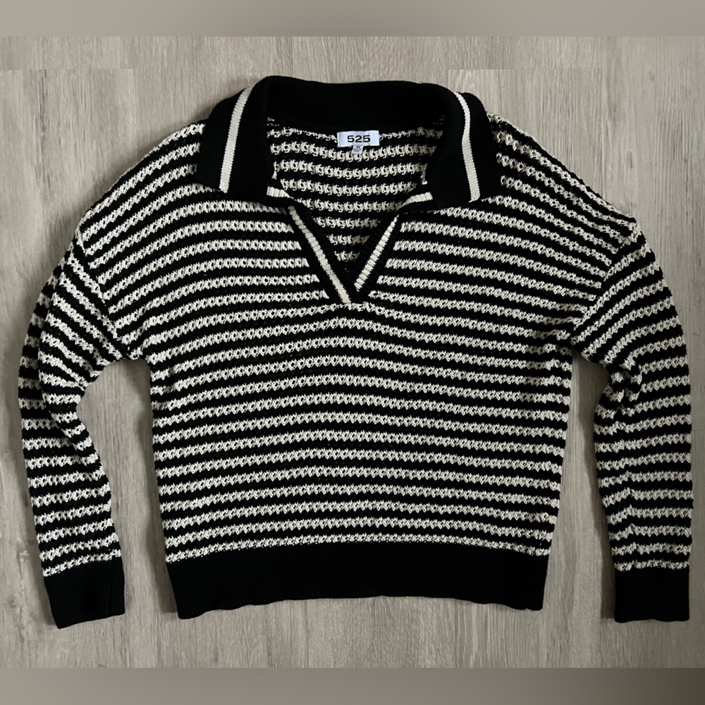 525 America Kimberly Stripe Knit Polo Collar Pullover Sweater Black Ivory